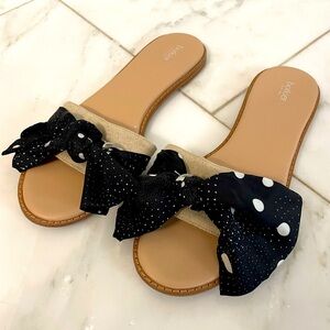 Botkier New York, black and tan polka dot bow tie slide flat Zahara sandals sz 9